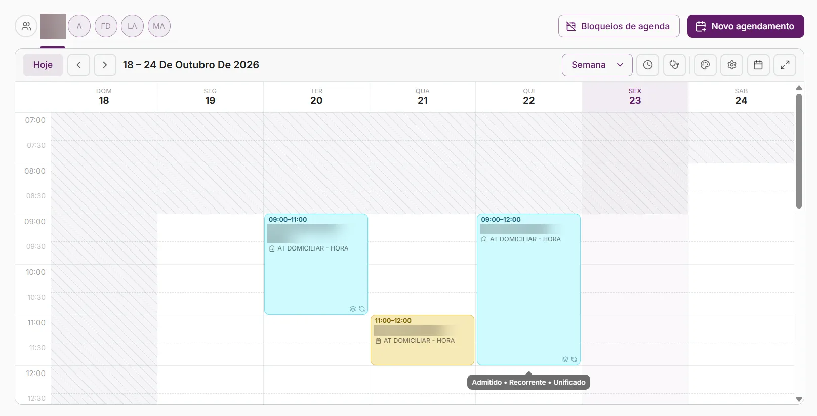 Agenda semanal da Bloom com sessões recorrentes e unificadas