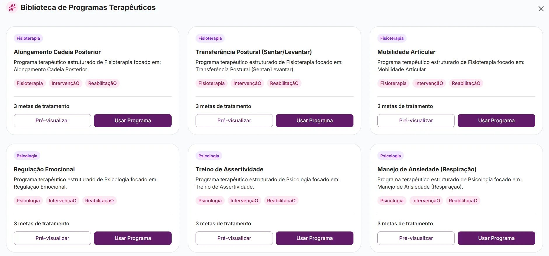 Biblioteca de programas terapêuticos com metas de tratamento por especialidade