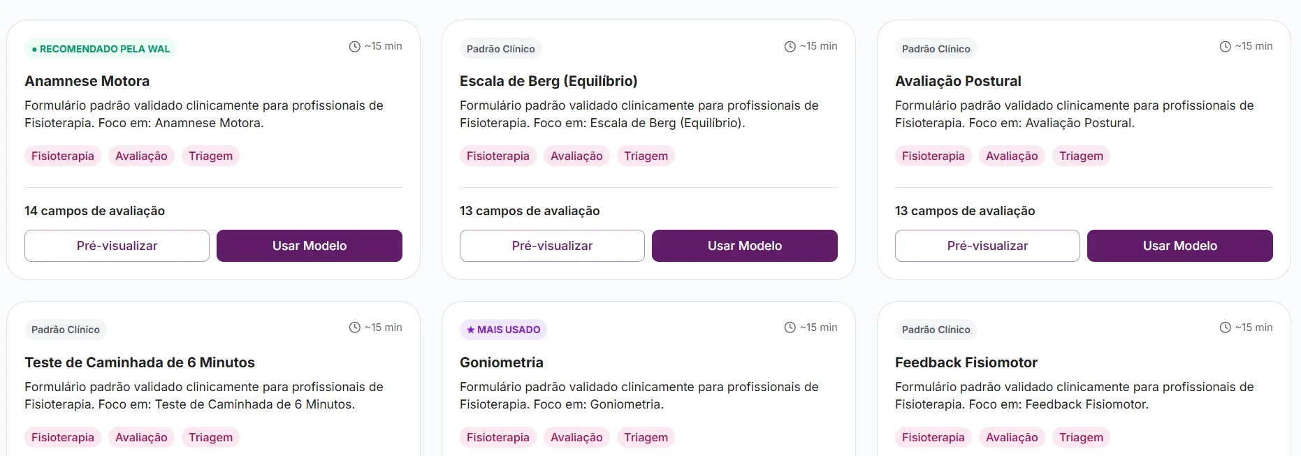 Biblioteca de formulários validados, como Anamnese Motora e Escala de Berg