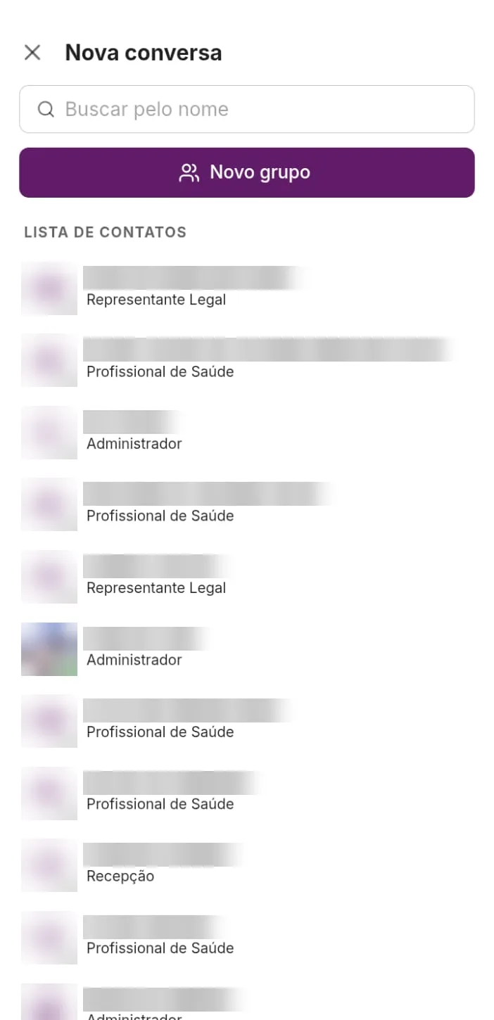App: nova conversa com a lista de contatos da clínica