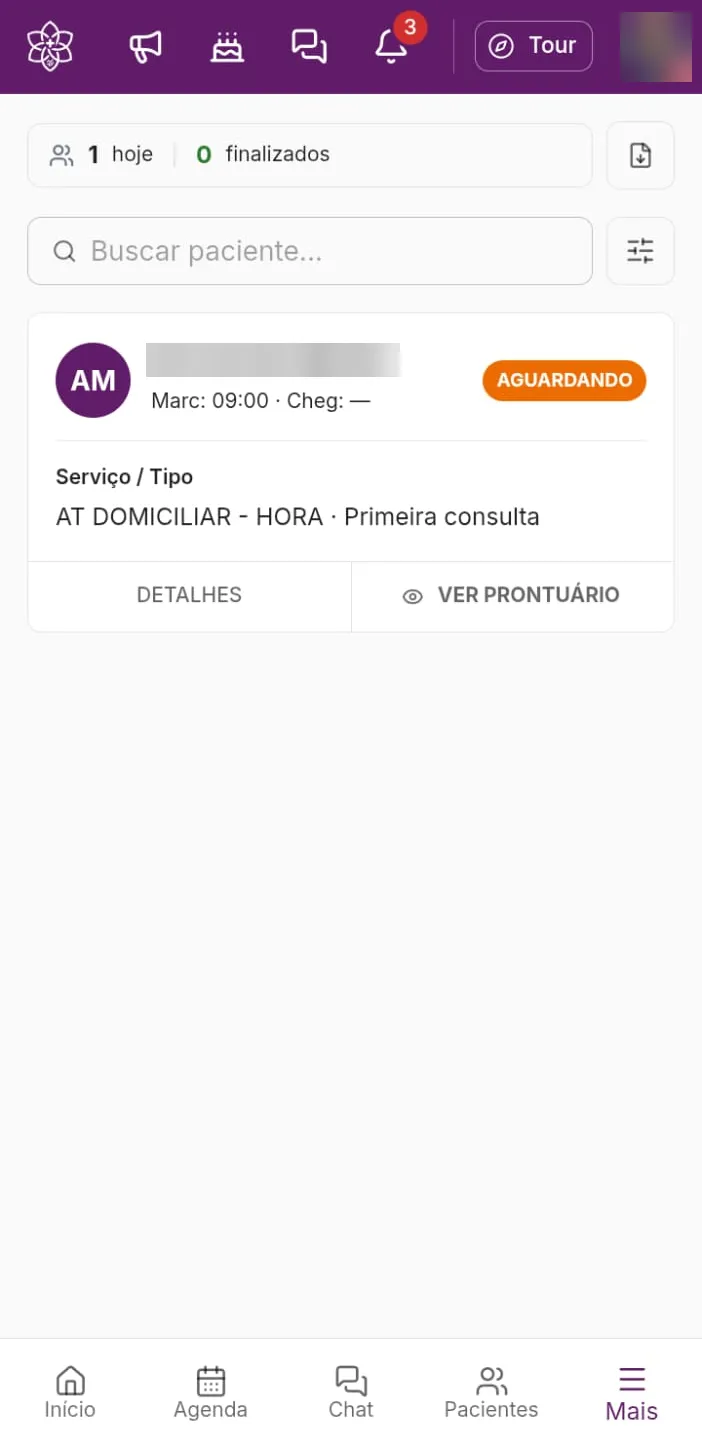 App: pacientes do dia com acesso ao prontuário