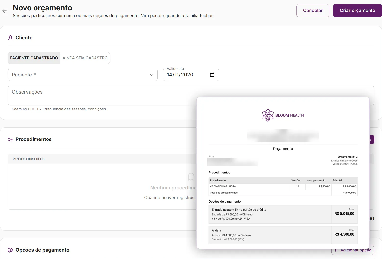 Novo orçamento com procedimentos e opções de pagamento, e o PDF gerado para a família